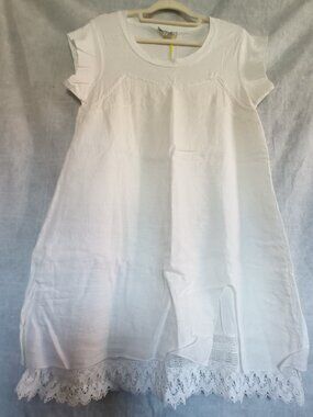 Dress Linen Blend Midi White Lace Size Large (L) NWT Made In Italy LAVINIA